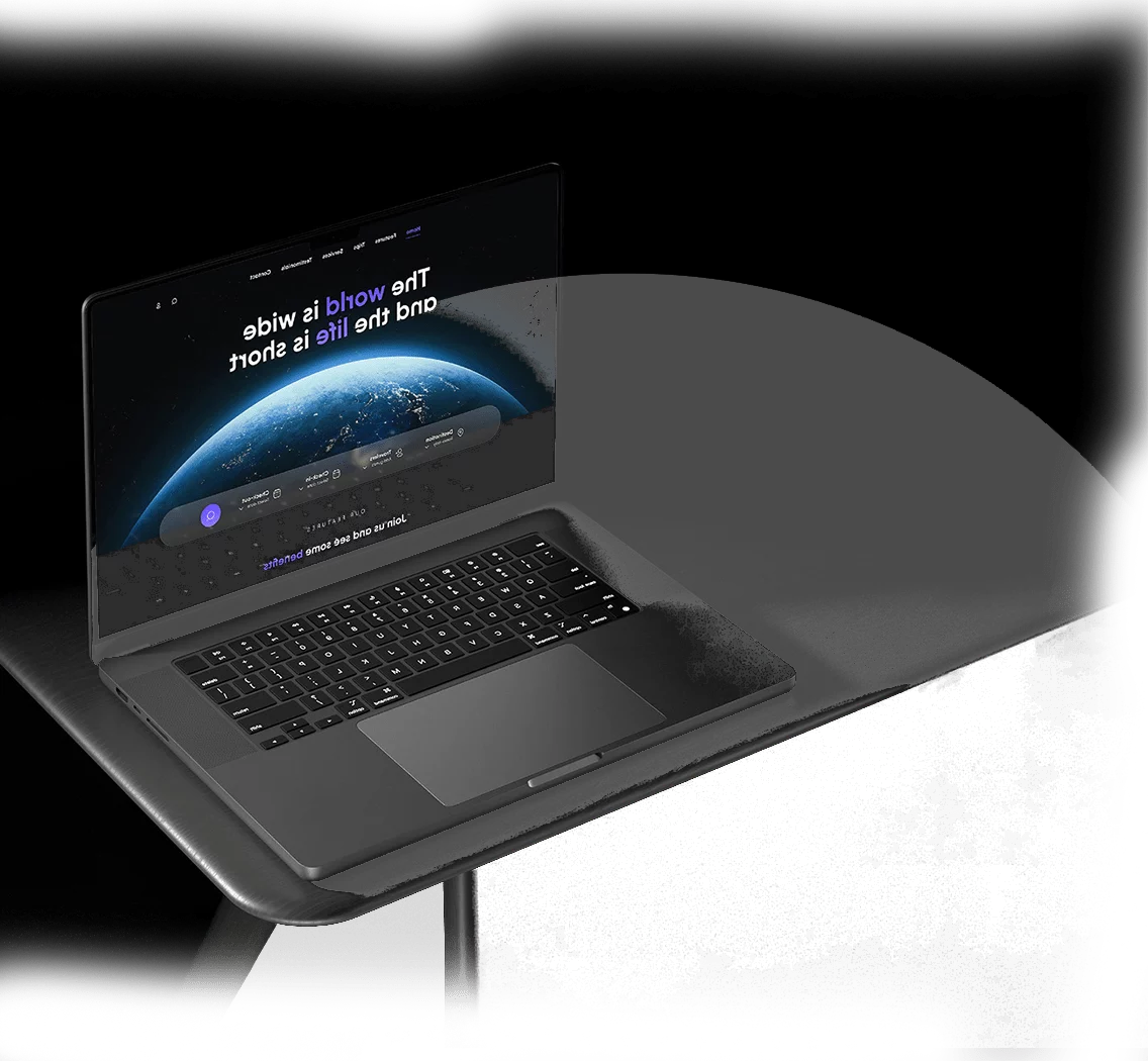 Modern laptop displaying a website interface with a global theme, representing innovation in software development, AI, and mobile app solutions by Binary Marvels.